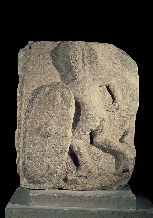 Framed Print : Warrior of Osuna. 3rd-2nd c. BC. Warrior with Iberian falcata and shield. Iberian art. Relief on rock. SPAIN. Madrid. National Museum of Archaeology. Proc: SPAIN. Osuna