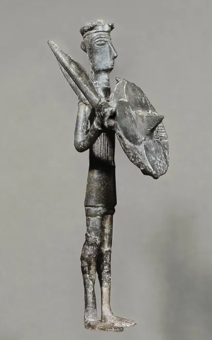 Framed Print : Warrior with sword and shield. 1700 -1500 BC. Bronze Age. Nuraghic Culture. Sculpture on bronze. ITALY. Cagliari. National Archaeological Museum of Cagliari. Proc: ITALY