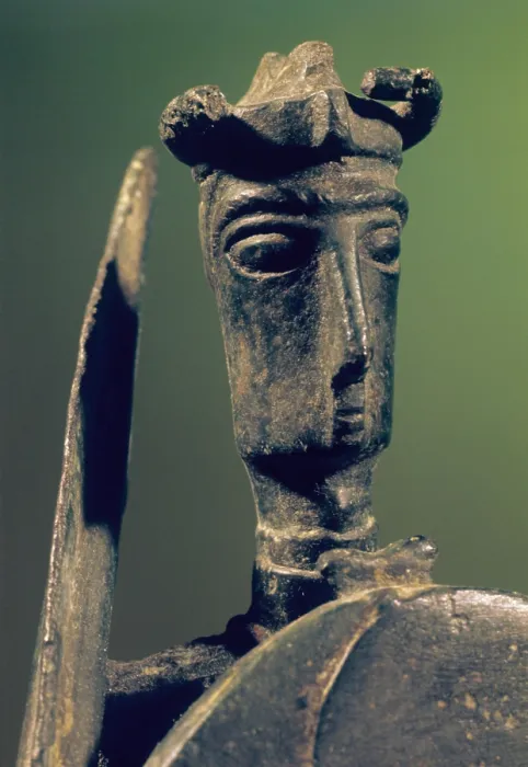 Framed Print : Warrior with sword and shield, 9th - 6th Century b.C. bronze, 24 cm h - Italy, Sardinia, Cagliari, National Archeological Museum. Detail