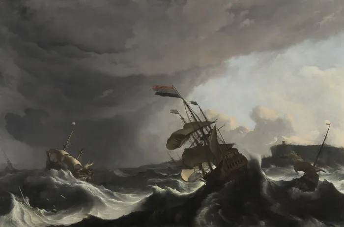 Framed Print : Warships in a Heavy Storm, by Ludolf Bakhuysen, c. 1695, Dutch painting, oil on canvas. In 1694 Dutch warships encounter a storm in the Straits of Gibraltar (BSLOC_2016_2_227)