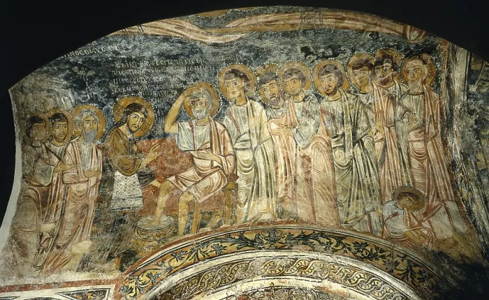 Framed Print : Washing of the Feet, by Unknown Artist, 9th Century, fresco - Italy, Puglia, Otranto, Church of Saint Peter. Whole artwork view