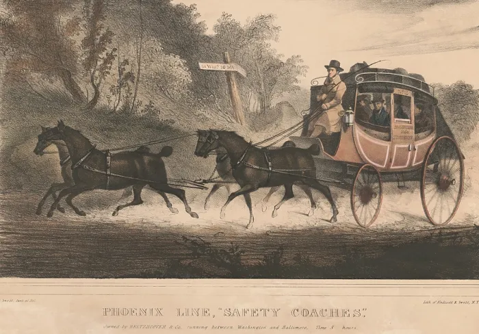 Framed Print : Washington-Baltimore stagecoach drawn by four horses, 1830-1834. The Phoenix Line, safety coaches will make the 40 mile trip in about 5 hours