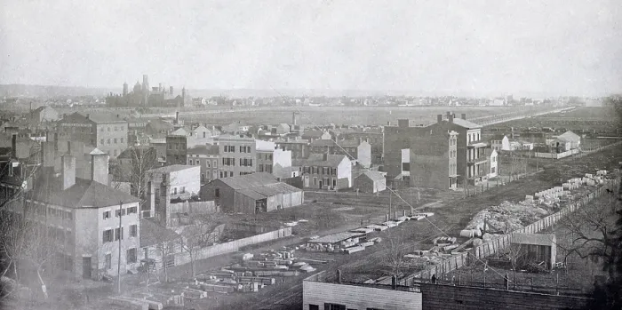 Framed Print : Washington, D.C. 14th Street and E Street, NW, vicinity in foreground with houses and industrial buildings including A. J