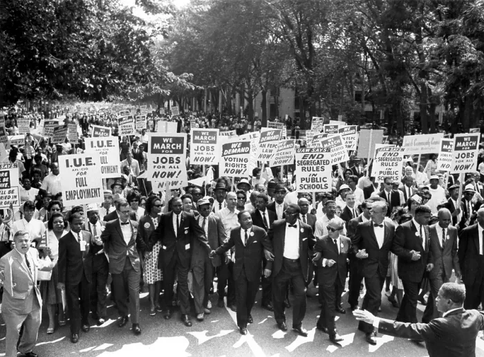 Framed Print : WASHINGTON, DC: Leaders of the March on Washington, lock hands & arms together as they move along Constitution Ave, August 28, 1963. A