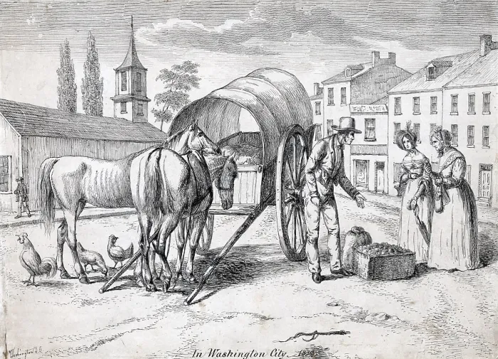Framed Print : Washington, D.C. Man with two horses and cart selling produce from a covered wagon. Watercolor by Augustus Kollner, 1839