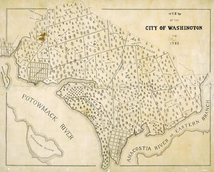 Framed Print : Washington, D.C. Map showing the original plantation land that would become the District of Columbia. 1792