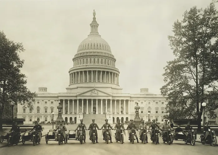 Framed Print : Washington, D.C. motorcycle policemen, with the U.S. Capitol in the background, April 26, 1922 (BSLOC_2016_10_185) Framed Print : Washington, D.C. motorcycle policemen, with the U.S. Capitol in the background, April 26, 1922 (BSLOC_2016_10_185)