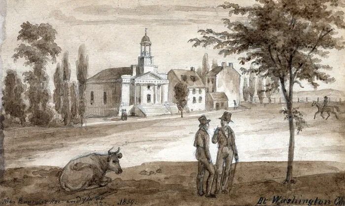 Framed Print : Washington DC. Pennsylvania Avenue, a view of the First Unitarian Church, designed by Charles Bulfinch. Watercolor by Augustus Kollner. 1839