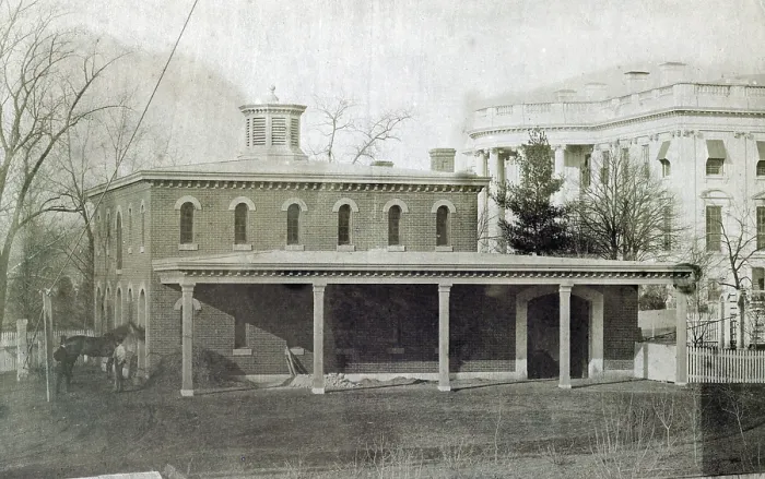 Framed Print : Washington, D.C. President's stables (White House in the background). 1857