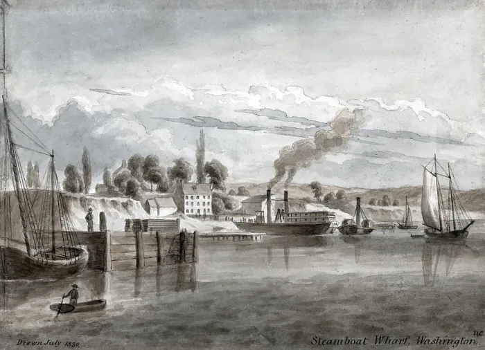 Framed Print : Washington, D.C. The steamboat wharf. Watercolor by Augustus Kollner. 1839