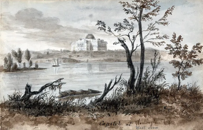 Framed Print : Washington D.C. West view of the Capitol. Watercolor by Augustus Kollner. 1839