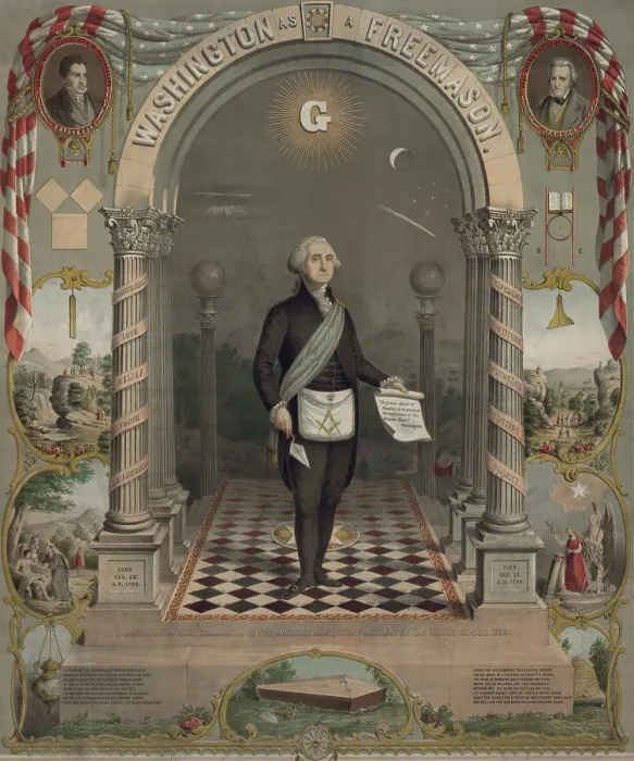 Framed Print : Washington as a Freemason, by Strobridge & Gerlach lithographers, 1866. Full-length standing portrait, in masonic attire, holding a scroll, and trowel