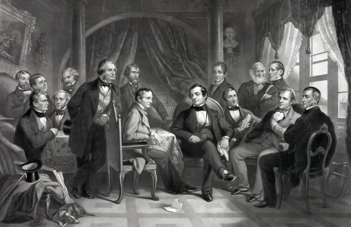 Framed Print : Washington Irving (1783-1859) and his literary friends at Sunnyside. 1864 Framed Print : Washington Irving (1783-1859) and his literary friends at Sunnyside. 1864