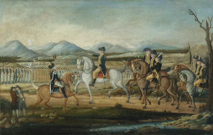 Framed Print : WASHINGTON REVIEWING THE WESTERN ARMY, by Kemmelmeyer, Fred. 1796-99, American oil painting Framed Print : WASHINGTON REVIEWING THE WESTERN ARMY, by Kemmelmeyer, Fred. 1796-99, American oil painting
