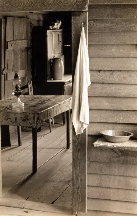 Framed Print : A washstand in the dog run and view into the kitchen in the home of Floyd Burroughs, cotton sharecropper. Hale County, Alabama