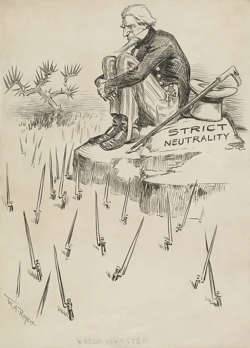 Framed Print : WATCH YOUR STEP, political cartoon of a strictly neutral Uncle Sam, 1914. He sits along on a rock with bayonets emerging from the ground below (BSLOC_2017_1_41)