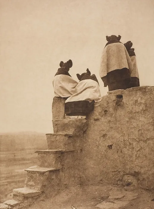 Framed Print : WATCHING THE DANCERS, 1906, photogravure, by Edward Curtis. Four Native American women are on the upper levels of a southwestern pueblo Framed Print : WATCHING THE DANCERS, 1906, photogravure, by Edward Curtis. Four Native American women are on the upper levels of a southwestern pueblo