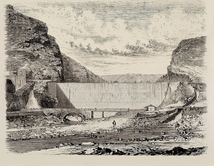 Framed Print : Water being carried out to Madrid. Ponton de la Oliva's dam. Engraving. SPAIN. Madrid. National Library. - P. Rotger / Iberfoto / Everett Collection (166561)**US SALES ONLY**