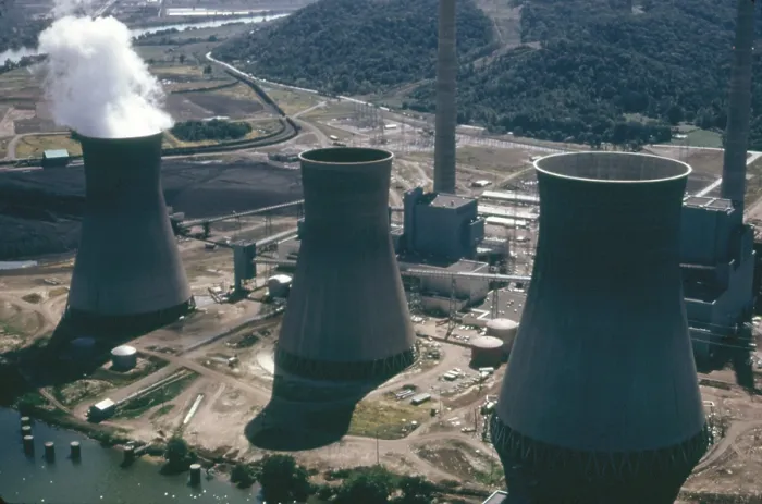 Framed Print : Water cooling towers of the John Amos Power Plant is a coal fueled generating plant in West Virginia. Ca. 1973-75