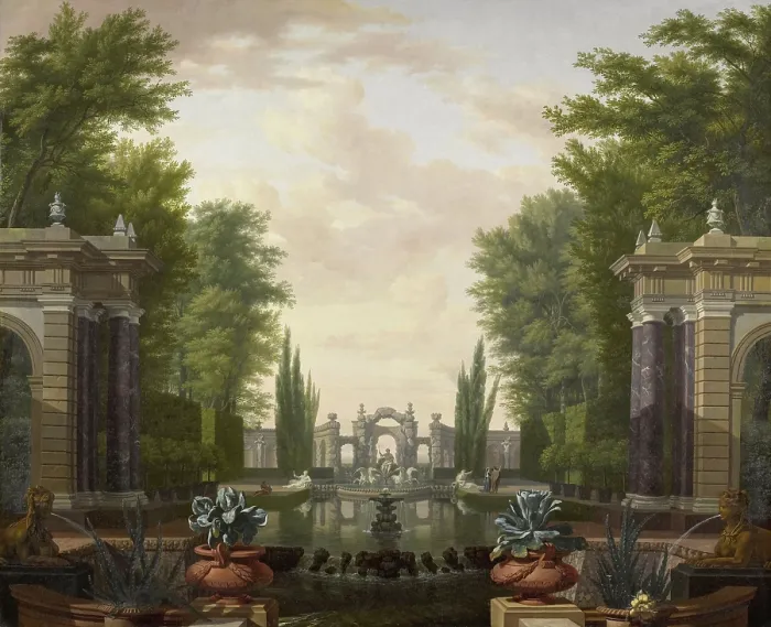 Framed Print : Water Terrace with Statues and Fountains in a Park, by Isaac de Moucheron, 1700-44, Dutch painting. Oil on canvas