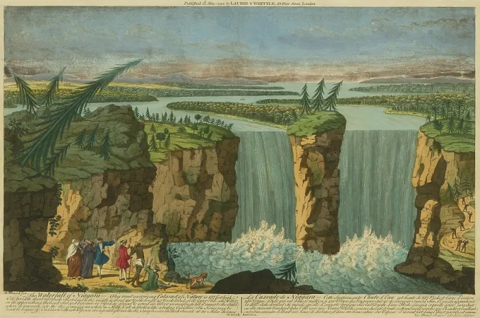 Framed Print : THE WATERFALL AT NIAGARA, 1794, by Robert Hancock. This hand colored engraving is based in Robert Sayer's view published in London, ca
