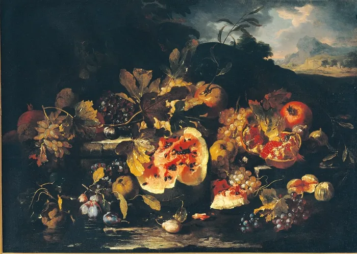 Framed Print : Watermelon, grapes and pomegranates with a landscape in the background, by Franz Werner von Tamm known as Dapper, 1675 - 1699 about, 17th Century, oil on canvas