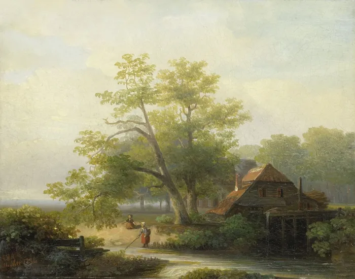 Framed Print : A Watermill in a Woody Landscape, by Lodewijk Hendrik Arends, 1854, Dutch oil painting on panel. One girl fishes in the stream as another sits nearby. (BSLOC_2016_1_200)