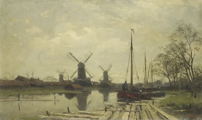 Framed Print : Waterway near the Baarsjes, Amsterdam, by Jan Hillebrand Wijsmullerm, 1880-1901, Dutch painting, oil on canvas. Three windmills near the waterfront (BSLOC_2016_2_25)