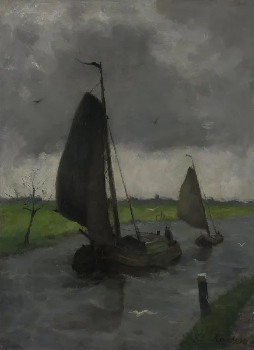 Framed Print : Waterway with Sail Barges, by Eduard Karsen, c. 1885-1912, Dutch painting, oil on canvas. Boat sailing inland in a canal, with sea gulls flying nearby (BSLOC_2016_2_43)