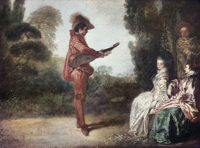 Framed Print : WATTEAU, Jean-Antoine (1684-1721). L'enchanteur (The charming musician). Rococo. Oil. FRANCE. Troyes. Museum of Fine Arts and Archaeology