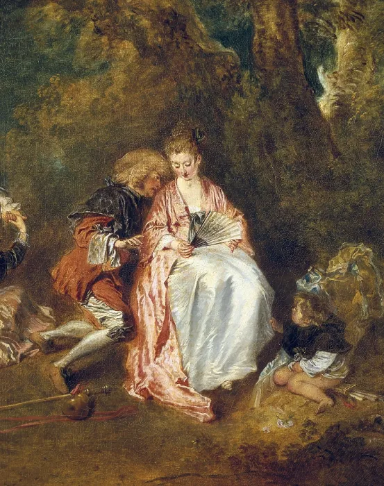 Framed Print : WATTEAU, Jean-Antoine (1684-1721). Embarkation for Cythera. ca. 1717. Central right detail. Rococo. Oil on canvas. FRANCE. Paris. Louvre Museum
