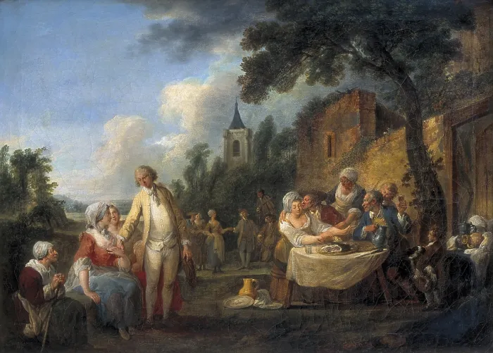 Framed Print : WATTEAU de LILLE, Louis-Joseph Watteau, called (1731-1798). The village festival. 18th c. Rococo. Oil on canvas. BELGIUM. Tournai. Fine Arts Museum