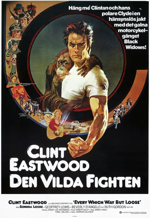 Framed Print : EVERY WHICH WAY BUT LOOSE, (aka DEN VILDA FIGHTEN), Swedish poster, from center left: Clyde the Orangutan, Clint Eastwood, 1978. Warner Bros. / courtesy Everett Collection