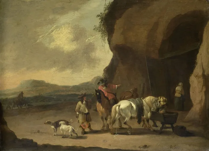 Framed Print : The Way Station, by Pieter Bout, c. 1670 - 1719, Dutch painting, oil on panel. At a stopover, travelers and horses pause to rest in a cave Framed Print : The Way Station, by Pieter Bout, c. 1670 - 1719, Dutch painting, oil on panel. At a stopover, travelers and horses pause to rest in a cave