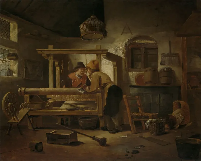 Framed Print : Weaver's Workshop, Cornelis Gerritsz Decker, 1659, Dutch painting, oil on panel. Two weavers have a conversation at a loom Framed Print : Weaver's Workshop, Cornelis Gerritsz Decker, 1659, Dutch painting, oil on panel. Two weavers have a conversation at a loom
