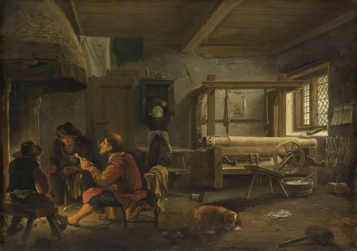 Framed Print : A Weaver's Workshop, by Johannes van Oudenrogge, 1652, Dutch painting, oil on panel. Interior of a weaving shop, with three men talking and smoking at a fireplace