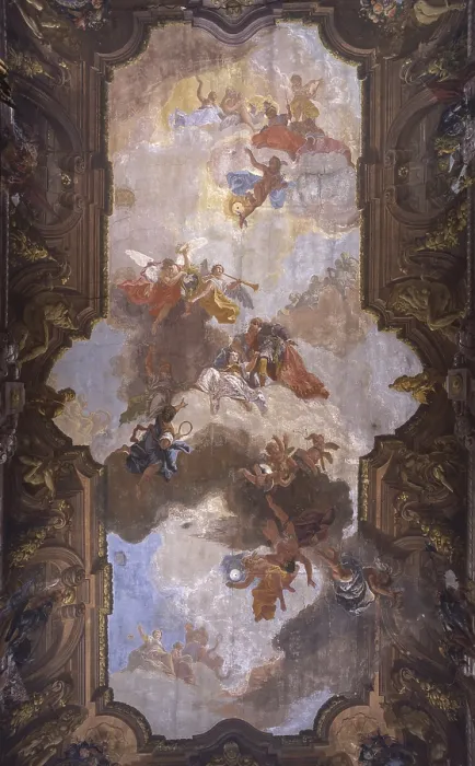 Framed Print : Wedding Allegory, by Francesco Fontebasso, 18th Century, fresco - Italy, Veneto, Venice, Contarini del Bovolo Palace. Whole artwork view. Quadrature with celestial marriage