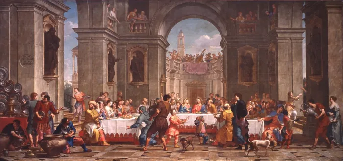 Framed Print : Wedding at Cana, by Bortolo Litterini, 1721, 18th Century, oil on canvas - Italy, Veneto, Murano, Church of Saint Peter Martyr. Whole artwork view Framed Print : Wedding at Cana, by Bortolo Litterini, 1721, 18th Century, oil on canvas - Italy, Veneto, Murano, Church of Saint Peter Martyr. Whole artwork view