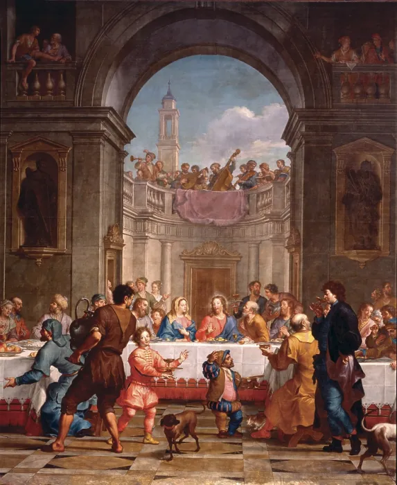 Framed Print : Wedding at Cana, by Bortolo Litterini, 1721, 18th Century, oil on canvas - Italy, Veneto, Murano, Church of Saint Peter Martyr. Detail Framed Print : Wedding at Cana, by Bortolo Litterini, 1721, 18th Century, oil on canvas - Italy, Veneto, Murano, Church of Saint Peter Martyr. Detail