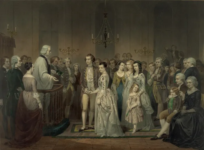 Framed Print : Wedding of George Washington and Martha Dandridge Custis on January 6, 1759 at her estate in Virginia. 1854 lithograph Framed Print : Wedding of George Washington and Martha Dandridge Custis on January 6, 1759 at her estate in Virginia. 1854 lithograph