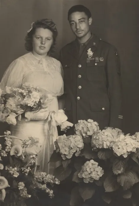 Framed Print : Wedding portrait of an African American World War II Corporal with his new bride in 1945. The soldier wears a 3rd Army shoulder patch