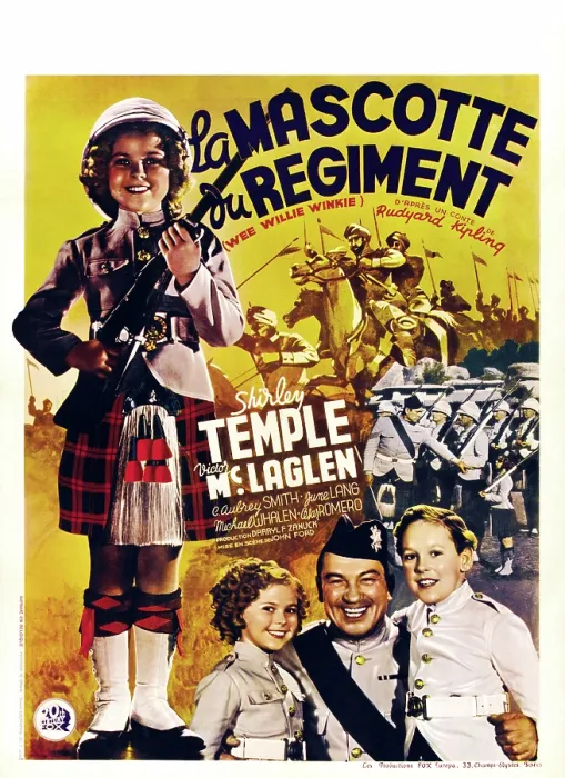 Framed Print : WEE WILLIE WINKIE, (aka LA MASCOTTE DU REGIMENT), top left: Shirley Temple, bottom right from left: Shirley Temple, Victor McLaglen, Douglas Scott on Belgian poster art, 1937