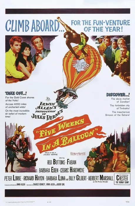 Framed Print : FIVE WEEKS IN A BALLOON, top left l-r: Fabian, Barbara Luna, Red Buttons, top right l-r: Richard Haydn, Cedric Hardwicke, Peter Lorre, Barbara Eden, Red Buttons on poster art Framed Print : FIVE WEEKS IN A BALLOON, top left l-r: Fabian, Barbara Luna, Red Buttons, top right l-r: Richard Haydn, Cedric Hardwicke, Peter Lorre, Barbara Eden, Red Buttons on poster art