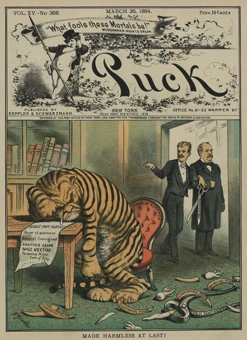 Framed Print : Weeping Tammany Tiger with the face of NYC Democratic Boss John Kelly. MADE HARMLESS AT LAST, PUCK Magazine March 1884 cover