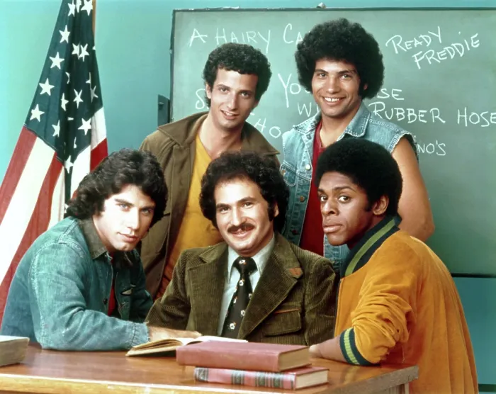 Framed Print : WELCOME BACK, KOTTER, standing from left: Ron Palillo, Robert Hegyes, front from left: John Travolta, Gabe Kaplan, Lawrence Hilton-Jacobs, 1975-79 Framed Print : WELCOME BACK, KOTTER, standing from left: Ron Palillo, Robert Hegyes, front from left: John Travolta, Gabe Kaplan, Lawrence Hilton-Jacobs, 1975-79