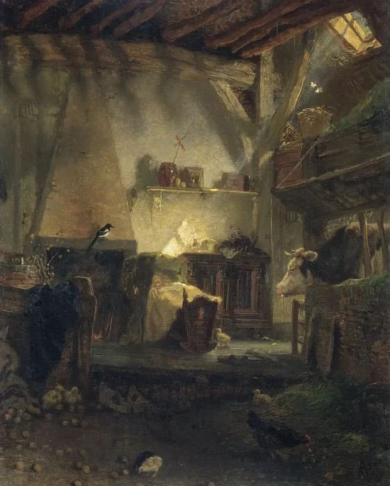 Framed Print : Well-Guarded Infant, by August Allebe, 1867. Dutch painting, oil on canvas. Interior of a rustic farmhouse with a sunlit baby in a cradle surrounded by farms animals