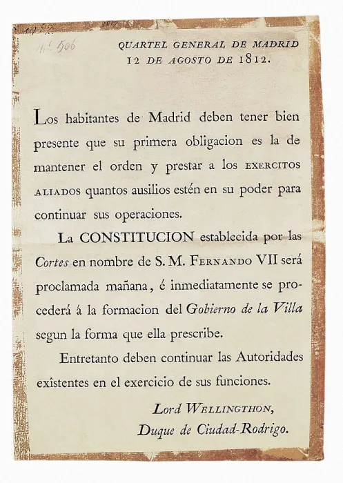 Framed Print : Wellington, Arthur Wellesley, 1st Duke of (1769-1852). Edict addressed to the people of Madrid (12th August 1812). SPAIN. Madrid. Army Museum Framed Print : Wellington, Arthur Wellesley, 1st Duke of (1769-1852). Edict addressed to the people of Madrid (12th August 1812). SPAIN. Madrid. Army Museum