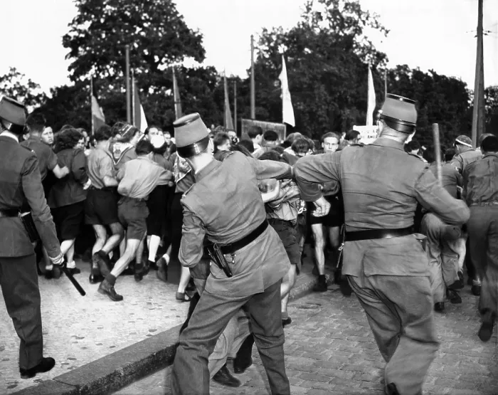 Framed Print : West Berlin Police attempt to control demonstrating East German youths. The protesters entered West Berlin at three widely separated border crossings as friendly visitors