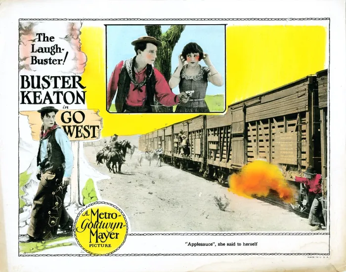Framed Print : GO WEST, lobbycard, Buster Keaton (far left, and top left), Kathleen Myers (top right), 1925