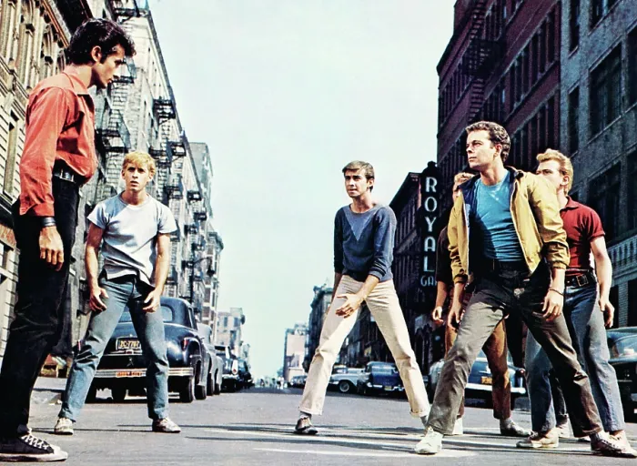 Framed Print : WEST SIDE STORY, front from left: George Chakiris, Russ Tamblyn, rear from left: Eliot Feld, Tucker Smith, David Winters (red shirt), 1961
